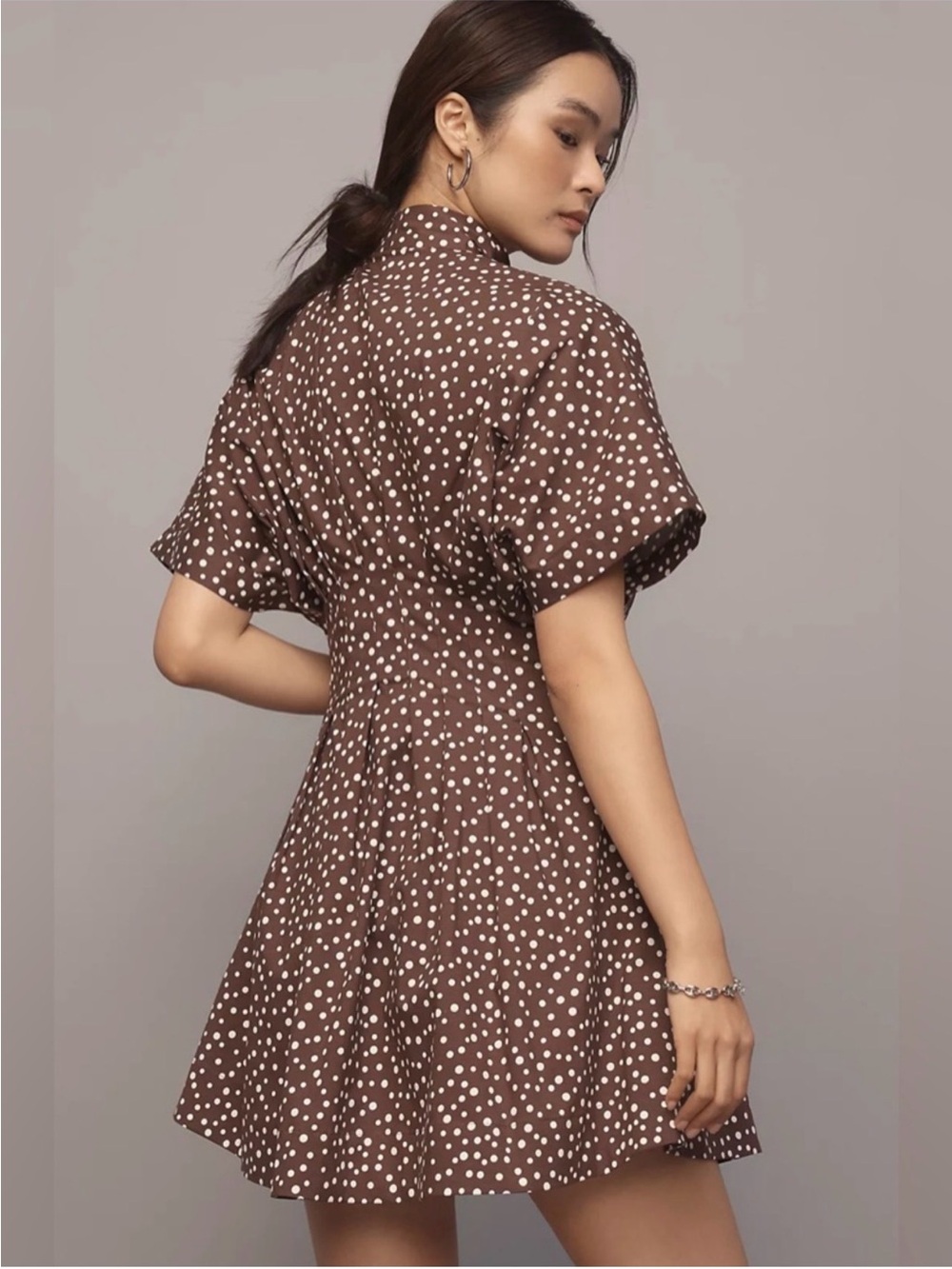 Anthropologie Exquise Tobie Brown Polka Dot Short-Sleeve Dress - Brown - Size M - Picture 3 of 9